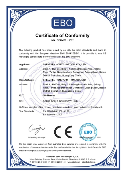 Porcellana SHENZHEN HONY OPTICAL CO.,LTD Certificazioni